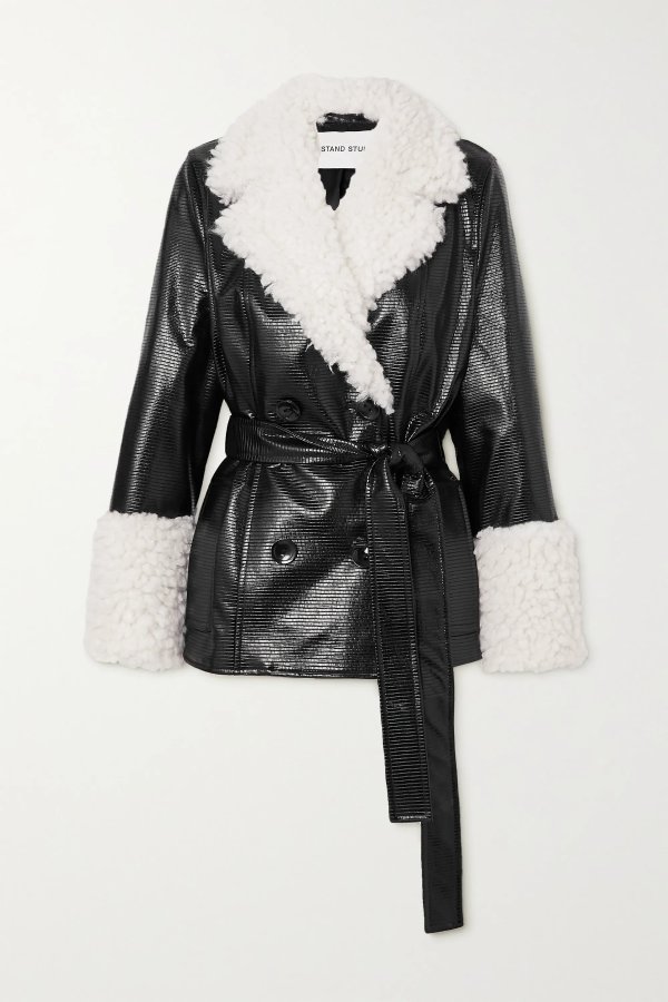 Harmony belted faux shearling-trimmed faux textured patent-leather coat