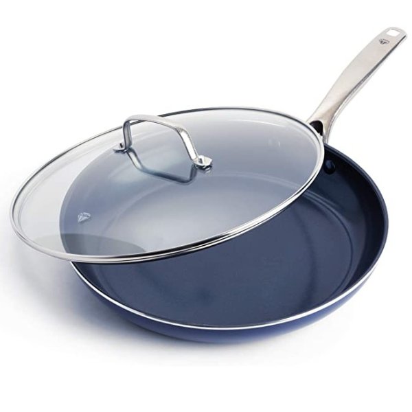 Cookware Diamond Infused Ceramic Nonstick 12" Frying Pan Skillet with Lid, PFAS-Free, Dishwasher Safe, Oven Safe, Blue