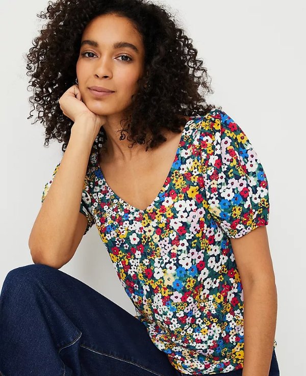 Floral Puff Sleeve V-Neck Top | Ann Taylor