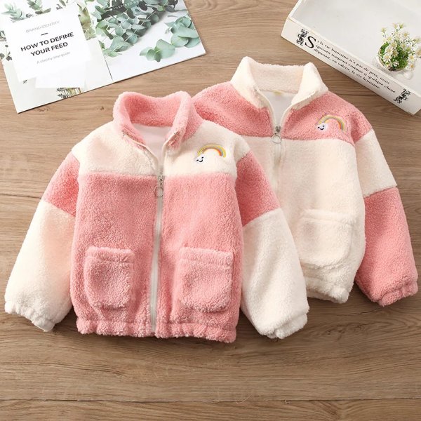 Toddler Girl Stand Collar Zipper Rainbow Embroidered Colorblock Sweet Fuzzy Jacket