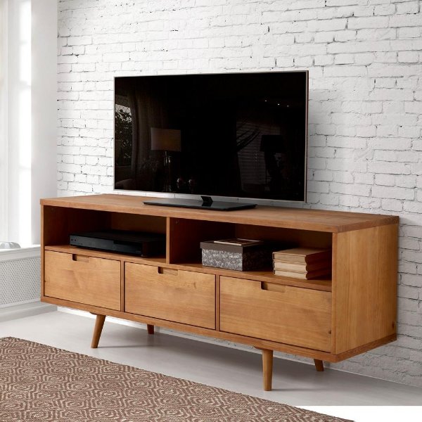 58 in. Caramel Wood TV Stand with 3 Drawer Fits TVs Up to 64 in. with Cable Management