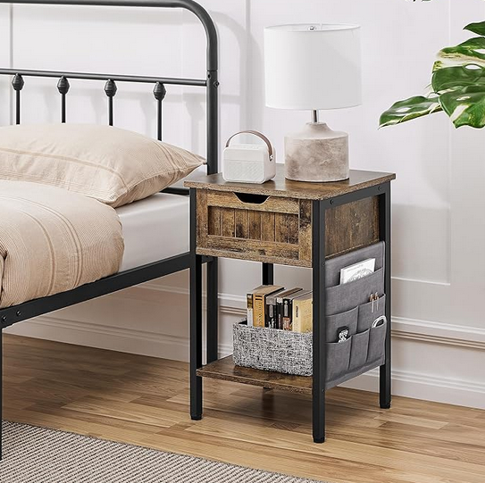 Nightstand with Storage Drawer & Shelf, Bedside Table with Removable Fabric Bag, Wooden 3-Tier End Side Table with Sturdy Metal Frame for Bedroom/Small Space, Rustic Brown