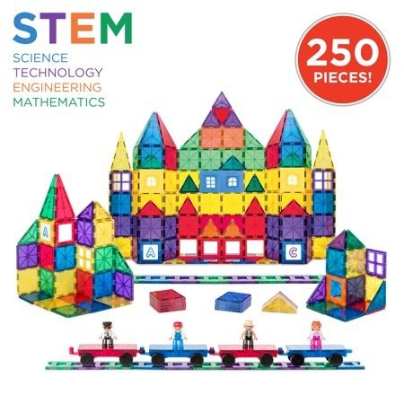 250-Piece 3D Magnetic Tile Play Set w/ 4 Figures and Railroad Accessories