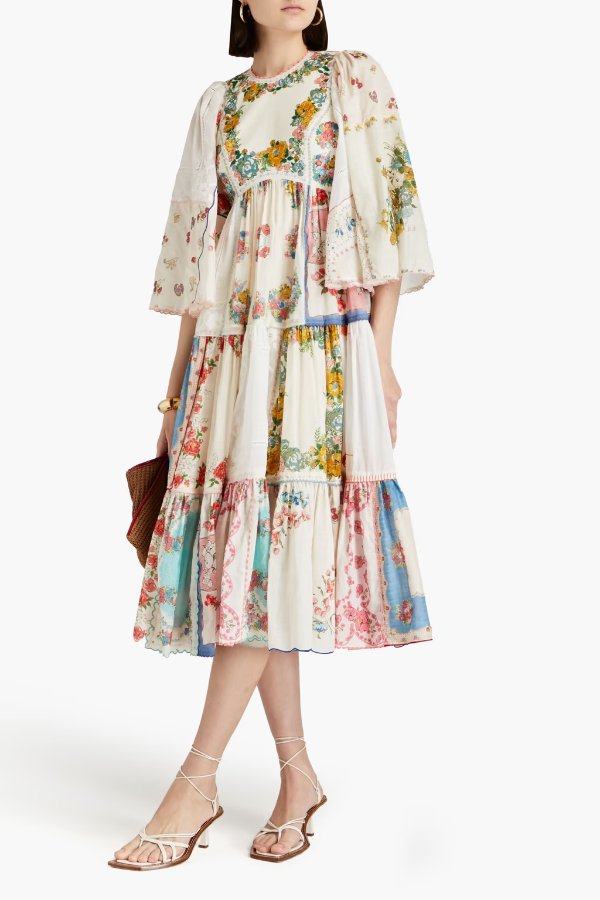 Tiered floral-print cotton midi dress