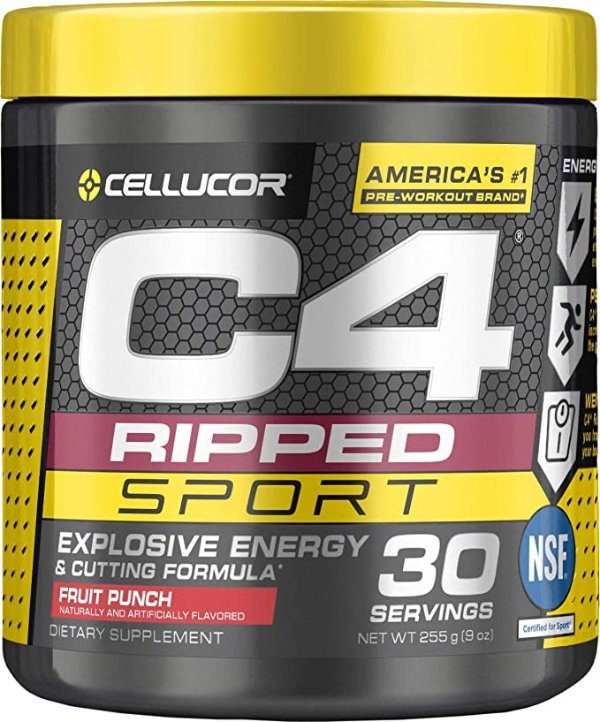C4 Ripped Sport Pre Workout Powder Fruit Punch | NSF Certified for Sport + Sugar Free Preworkout Energy Supplement for Men & Women | 135mg Caffeine + Weight Loss | 30 Servings