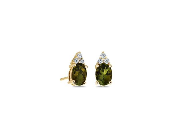 Oval Green Tourmaline and Diamond Cluster Stud Earrings in 14k Yellow Gold