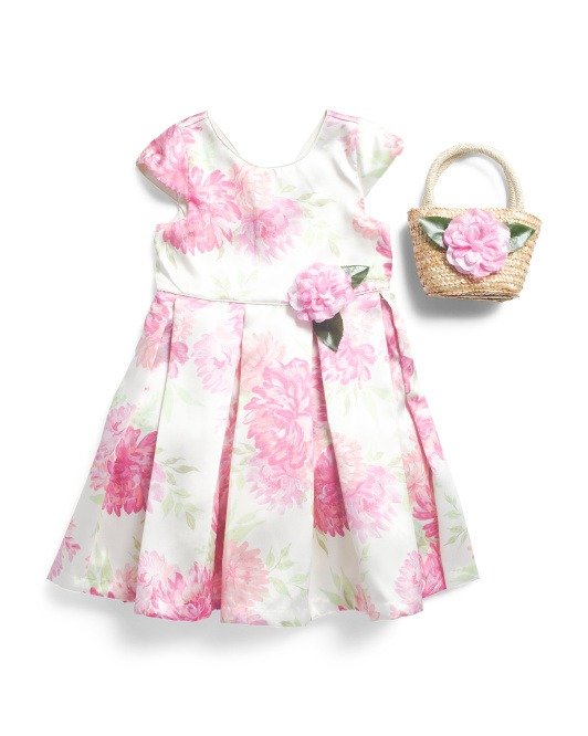 Little And Big Girls Floral Dress With Matching Purse