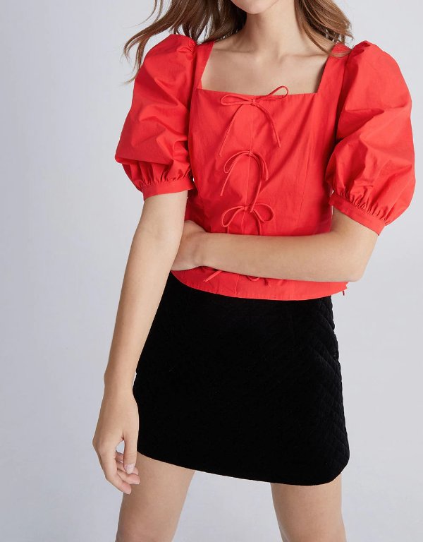 Tie Front Puff Sleeve Square Neck Blouse