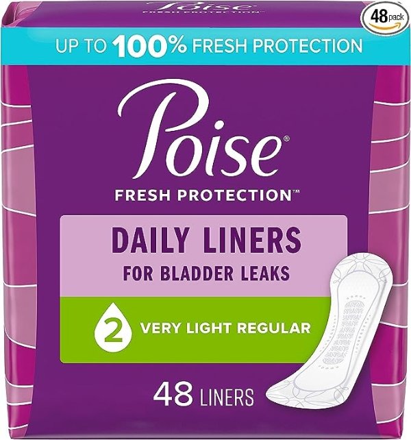 Daily Incontinence Panty Liners, 2 Drop Very Light Absorbency, Regular, 48 Count of Pantiliners, Packaging May Vary