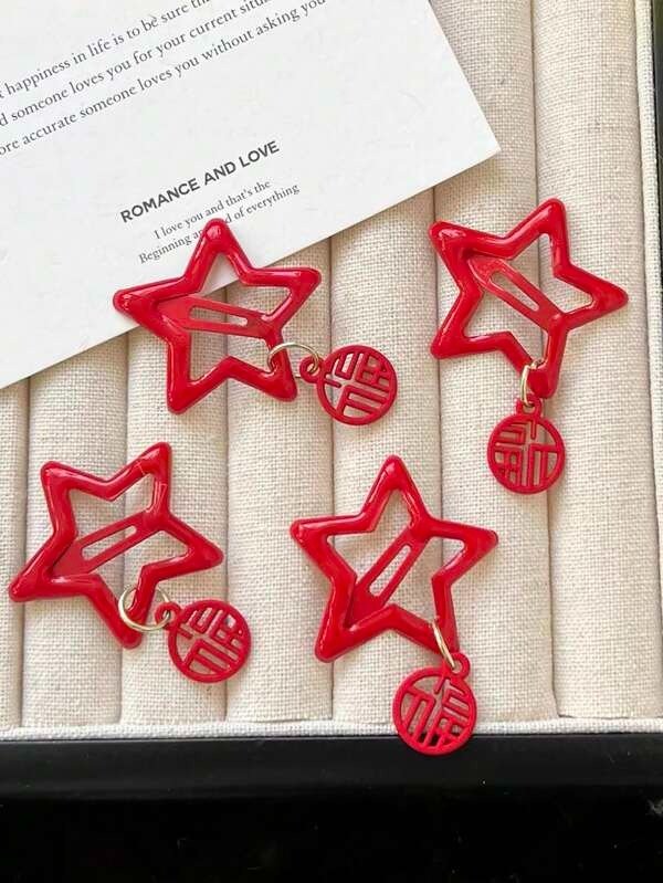 4pcs Red Chinese Character Fu Shaped & Star Shaped Droplets Hairpins For New Year, Suitable For Baby And Kids | SHEIN USA