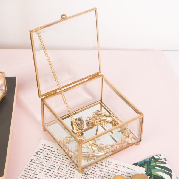 Vintage - Copper Oblong- Small Clear Glass W. Mirrored Bottom Bevelled Glass & Jewelry Box-S