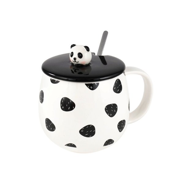黑白熊猫陶瓷马克杯水杯咖啡杯可爱礼物 附杯盖汤匙 3.5"D x 4.5"H | 亚米
