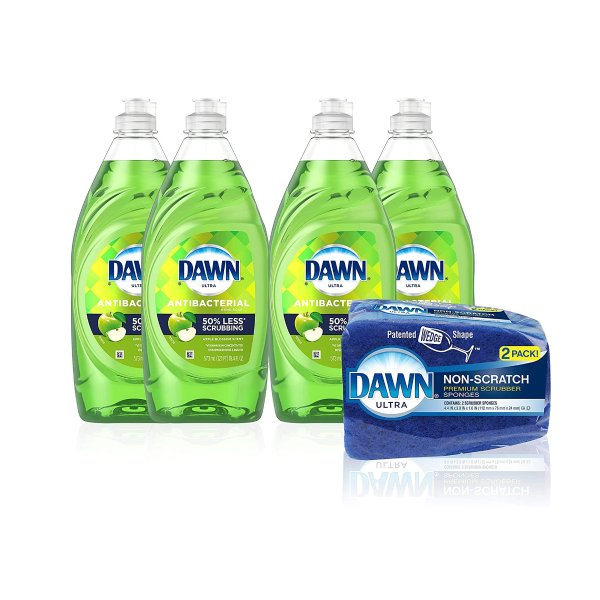 Dish Soap Antibacterial Dishwashing Liquid + Non-Scratch Sponges for Dishes