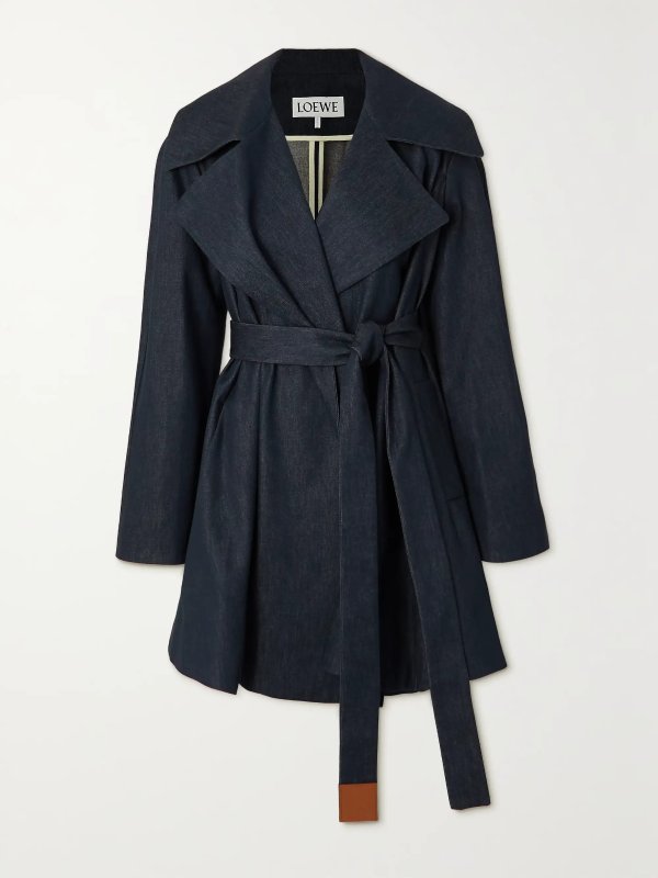 Trapeze belted leather-trimmed denim trench coat