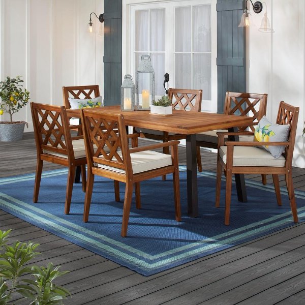 Willow Glen Farmhouse 7-Piece Wood Outdoor Patio Dining Set with Teak Finish and Beige Cushion