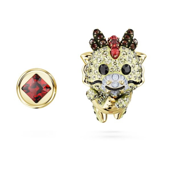 Chinese Zodiac stud earrings Asymmetrical design, Dragon, Yellow, Gold-tone plated
