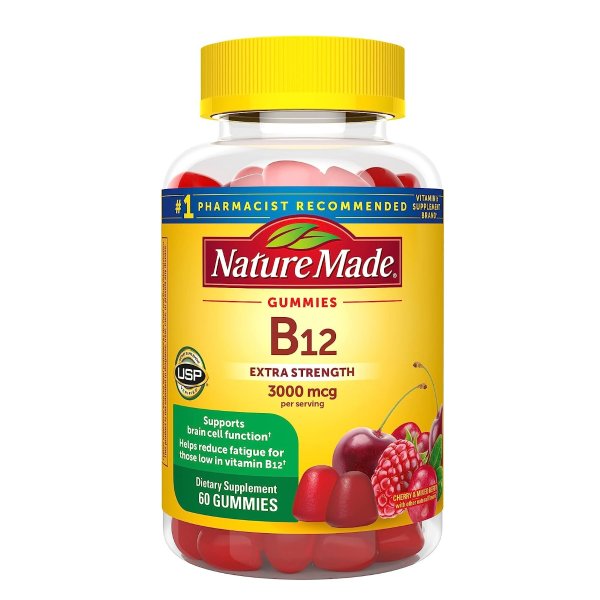 Nature Made Extra Strength Vitamin B12 Gummies, 3000 mcg per serving, B12 Vitamin Supplement for Energy Metabolism Support, 60 Gummy Vitamins, 30 Day Supply