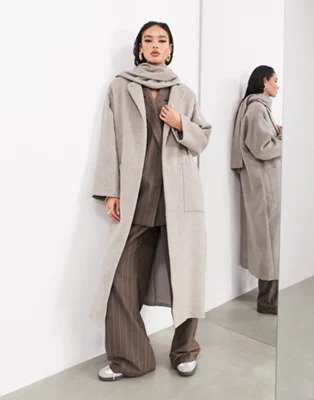 maxi wool mix scarf coat with pockets in taupe