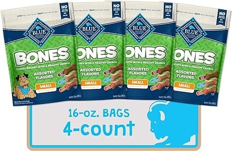 Bones Natural Crunchy Dog Treats, Small Dog Biscuits, Assorted flavors- Beef, Chicken or Bacon (16-oz bag, 4 count)