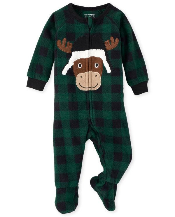 Unisex Baby And Toddler Matching Family Christmas Long Sleeve Moose Buffalo Plaid Fleece Footed One Piece Pajamas