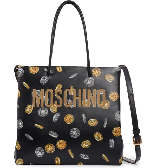 Logo Coin Print Faux Leather Tote
