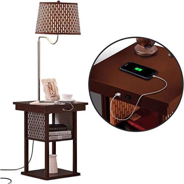 Madison Table & Lamp Combo with LED Bulb, Desk Lamp with USB Port, Bedside Reading Lamp, Modern End Table with Floor Lamp for Bedroom, Living Room, Office - Havana Brown