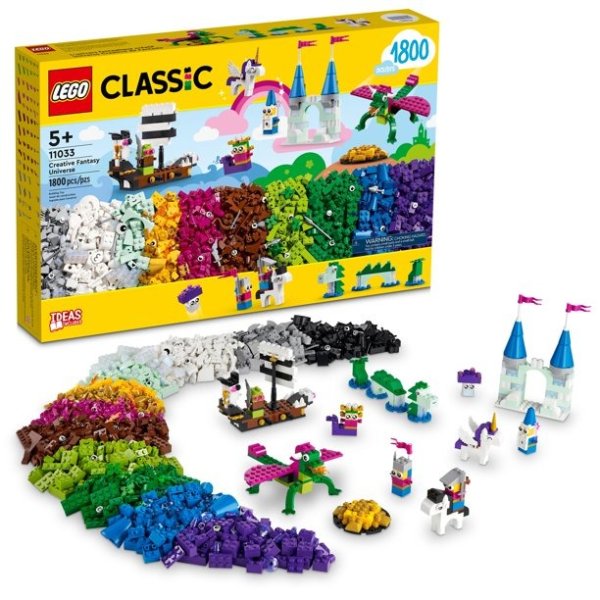 Classic Creative Fantasy Universe 11033 with a Winged Unicorn Toy, Sea Serpent, Magical Castle, Dragon and a Pirate Ship