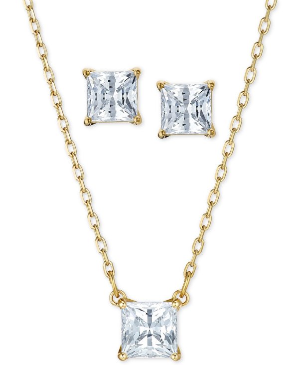 Gold-Tone 2-Pc. Set Cubic Zirconia Square Solitaire Pendant Necklace & Matching Stud Earrings