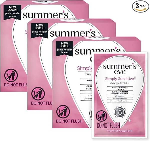  Summer's Eve 女性私处清洁湿巾 敏感肌适用 3盒x16片 