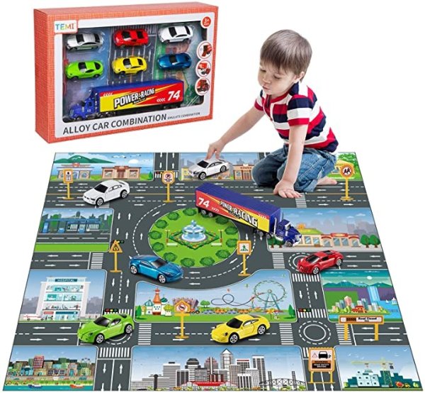Diecast Racing Cars Toy Set w/ Activity Play Mat, Truck Carrier, Alloy Metal Race Model Car & Assorted Vehicle Play Set for Kids, Boys & Girls