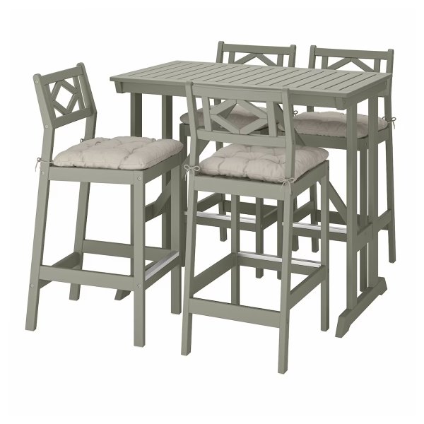BONDHOLMEN Bar table and 4 bar stools, gray stained/Kuddarna gray