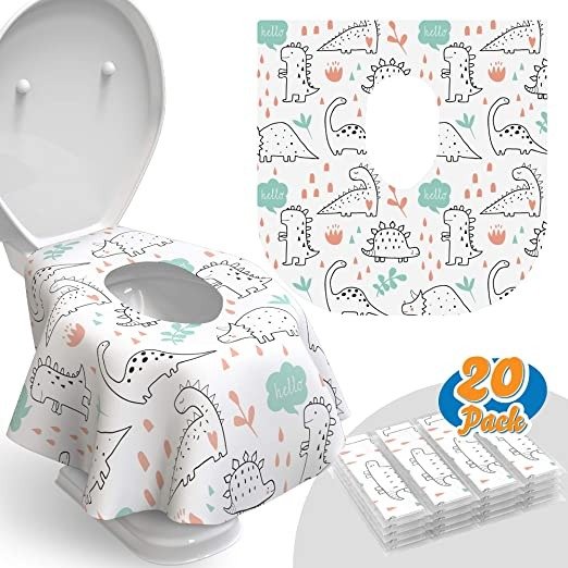 Toilet Seat Covers Disposable - 20 Pack - Waterproof, Ideal for Kids and Adults – Extra Large, Individually Wrapped for Travel, Toddlers Potty Training in Public Restrooms (Dinosaurs, 20)