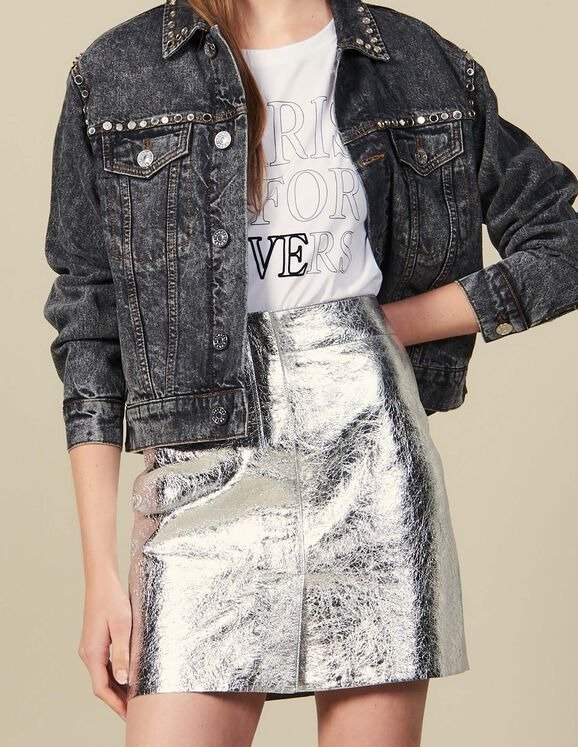 Short silver leather skirt