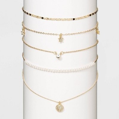 Crystal Acrylic Stones White Pearls Multi Chain Necklace Set 5pc - Wild Fable™ Gold