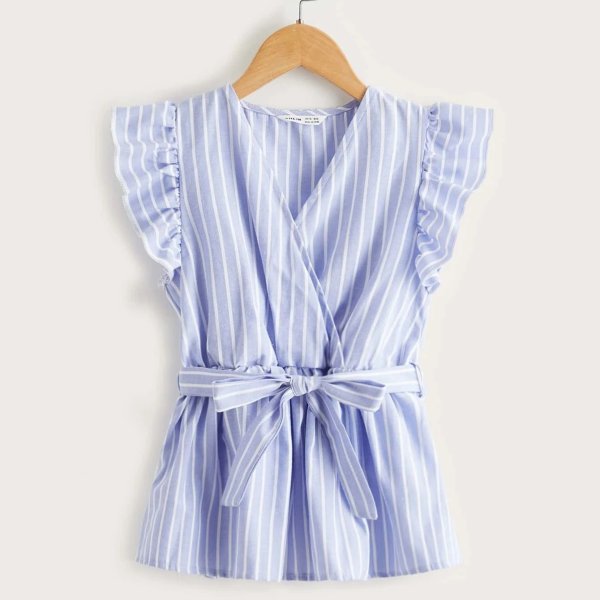 Girls Surplice Neck Ruffle Armhole Belted Striped Top
