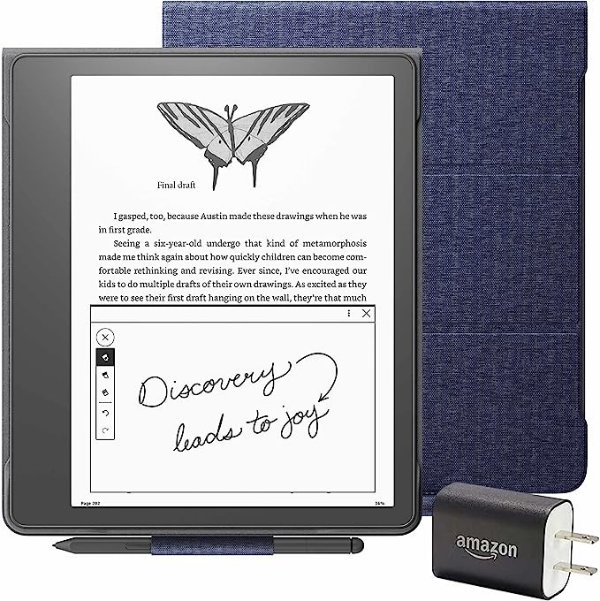 Kindle Scribe Essentials Bundle including Kindle Scribe (16 GB), Premium Pen, Fabric Folio Cover with Magnetic Attach - Denim, and Power Adapter
