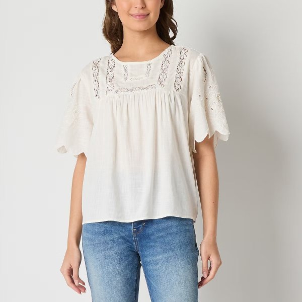 Womens Round Neck Short Sleeve Embroidered Blouse