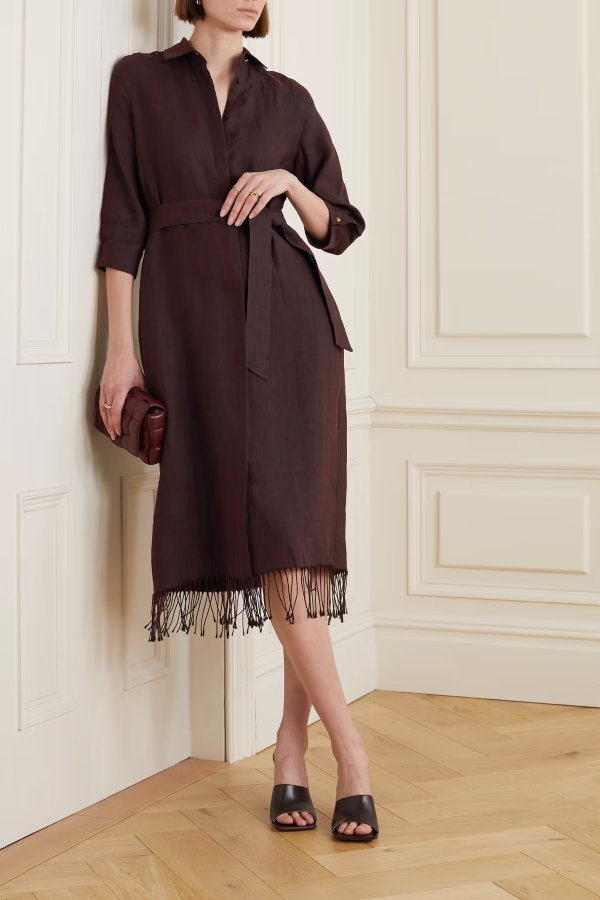Lignano belted fringed linen-twill midi shirt dress