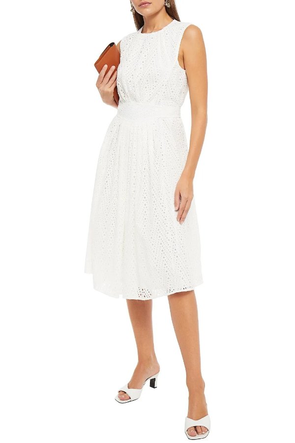 Pleated broderie anglaise cotton midi dress