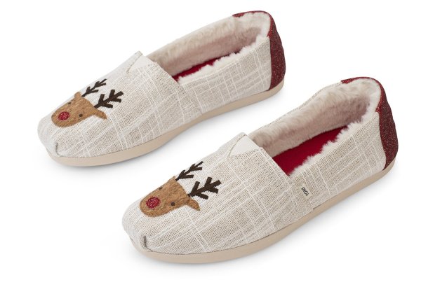 White Textured Glitz Embroidered Reindeer Women's Classics | TOMS