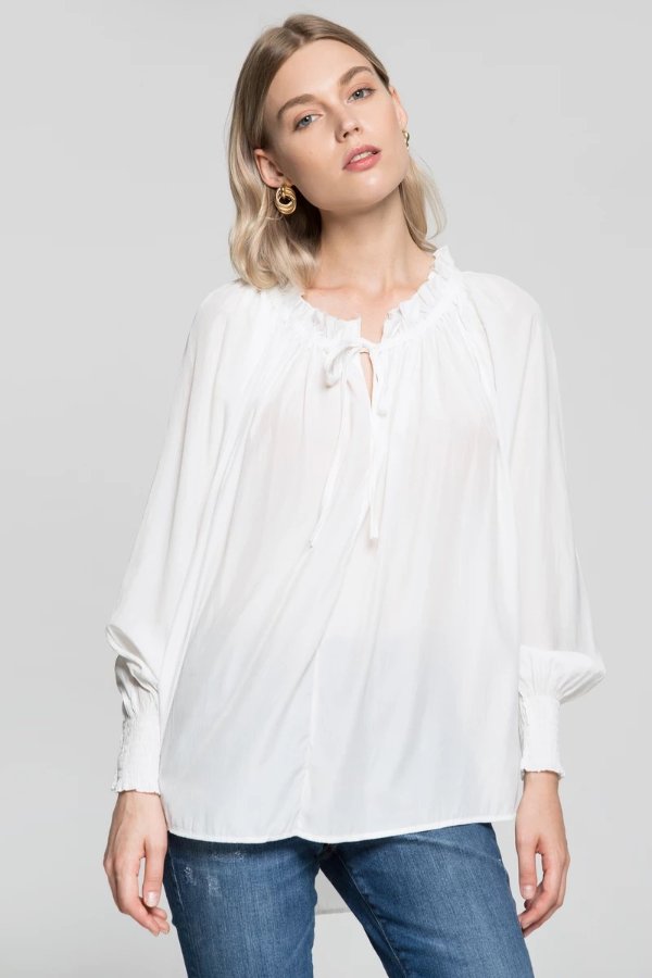 Bright White Gathers Smocked Sleeves Top