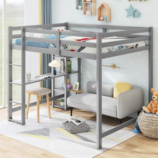 Euroco Full Size Loft Bed with Built-in Desk and Shelves, Gray