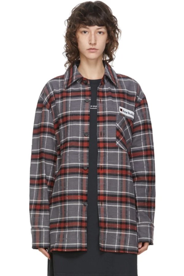 Grey & Red Flannel Logo Patch Shirt