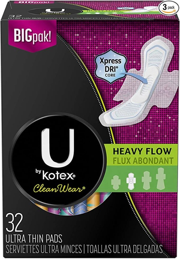 CleanWear Ultra Thin Feminine Pads with Wings, Heavy Flow, Unscented, 96 Count (3 Packs of 32)