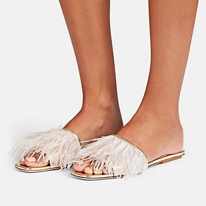 Feather-Embellished Metallic Leather Slide Sandals Feather-Embellished Metallic Leather Slide Sandals