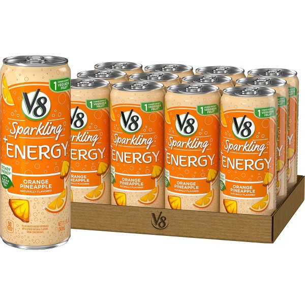 V8 Sparkling +Energy, Healthy Energy Drink, Natural Energy from Tea, Orange Pineapple, 11.5oz
