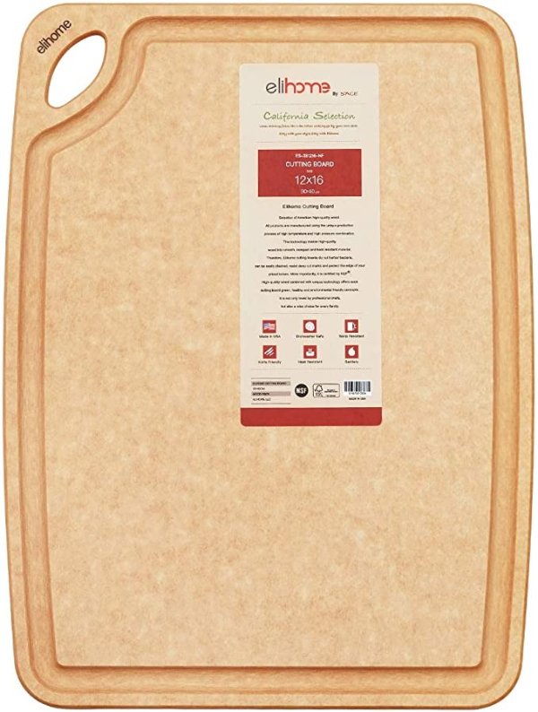 Kitchen Series Cutting Board, Natural Wood Fiber Composite,Dishwasher Safe, Eco-Friendly, Juice Grooves, Non-Porous, (12"x 16"x 3/8") ES-381216-NF
