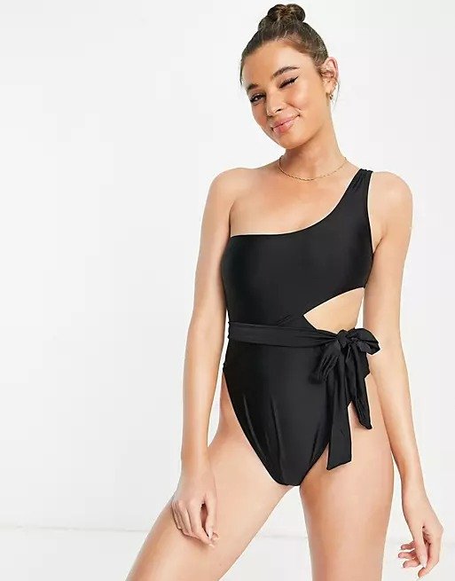 one shoulder cut out swimsuit with removable belt in black