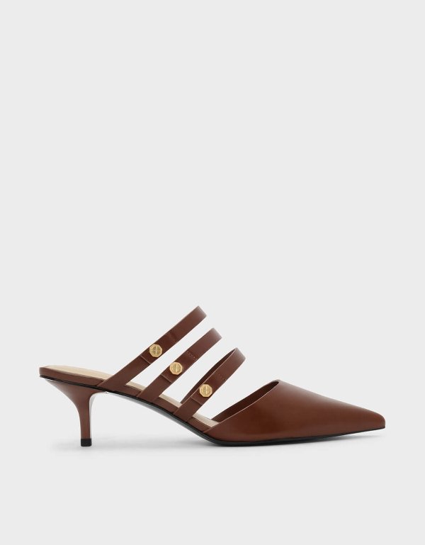 Cognac Strappy Square Back Mules | CHARLES & KEITH