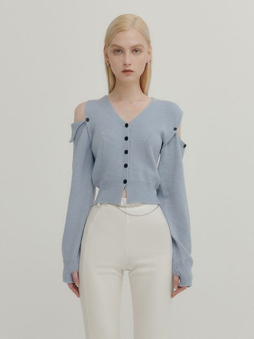 Cashmere Unbalance Shoulder Cut Crop Knit Cardigan (Light Blue)